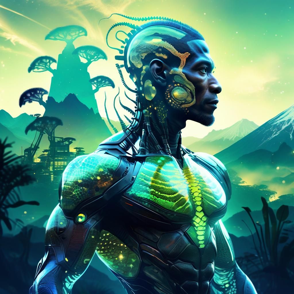 Biopunk Lizard Man in Double Exposure Photography