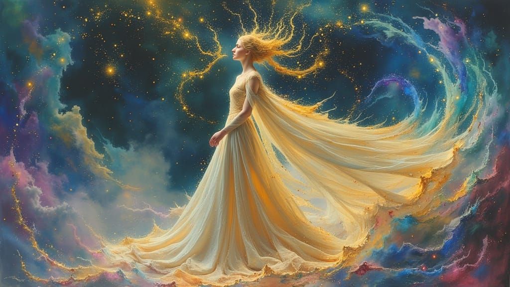 Woman Gathers Stars for Crown in Dark Oil Paint