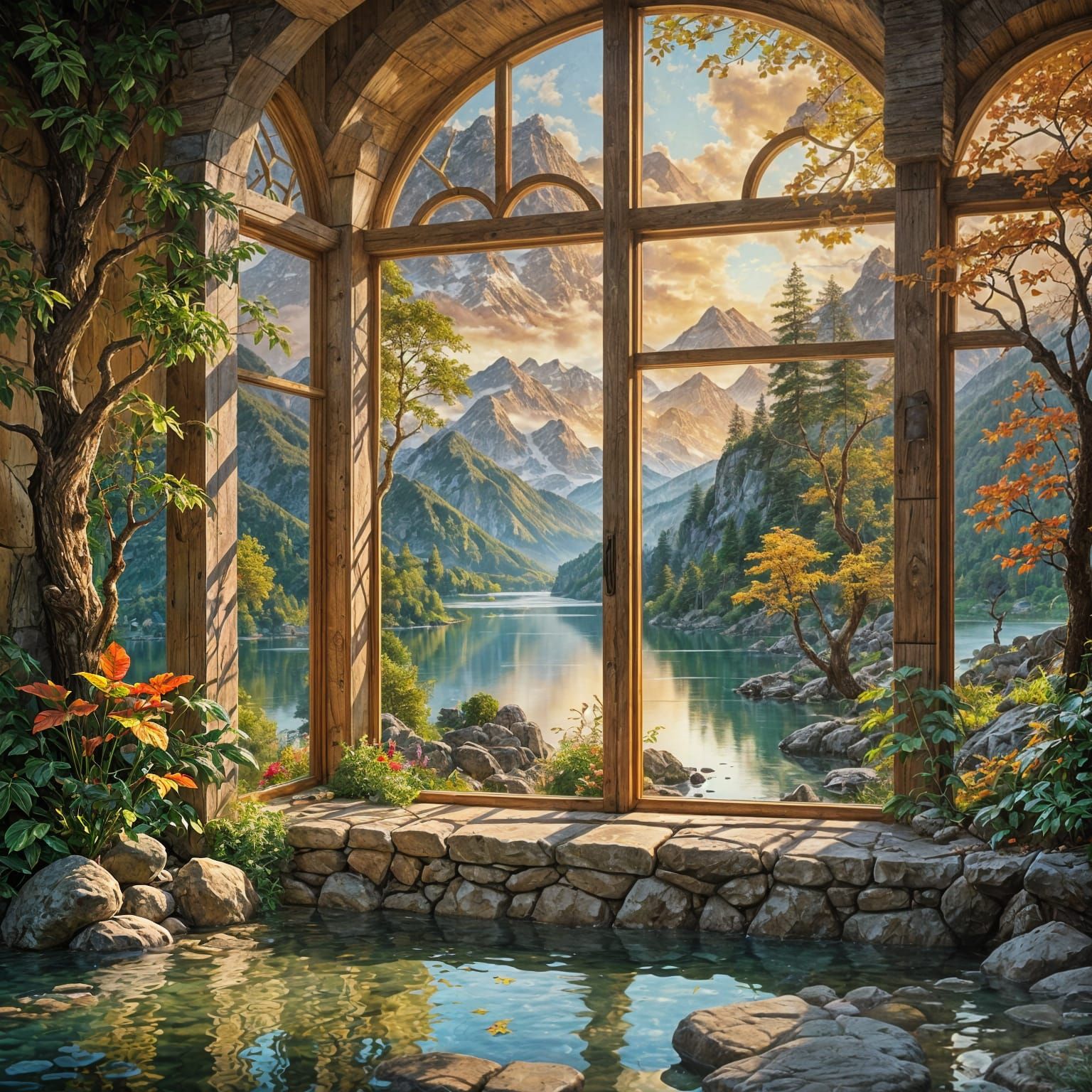 Serene Mountain View from Cozy Room in Detailed Style