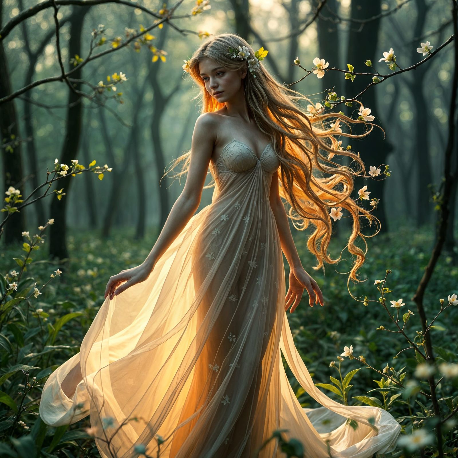 Surreal Goddess of Spring Emerge from Dewy Forest