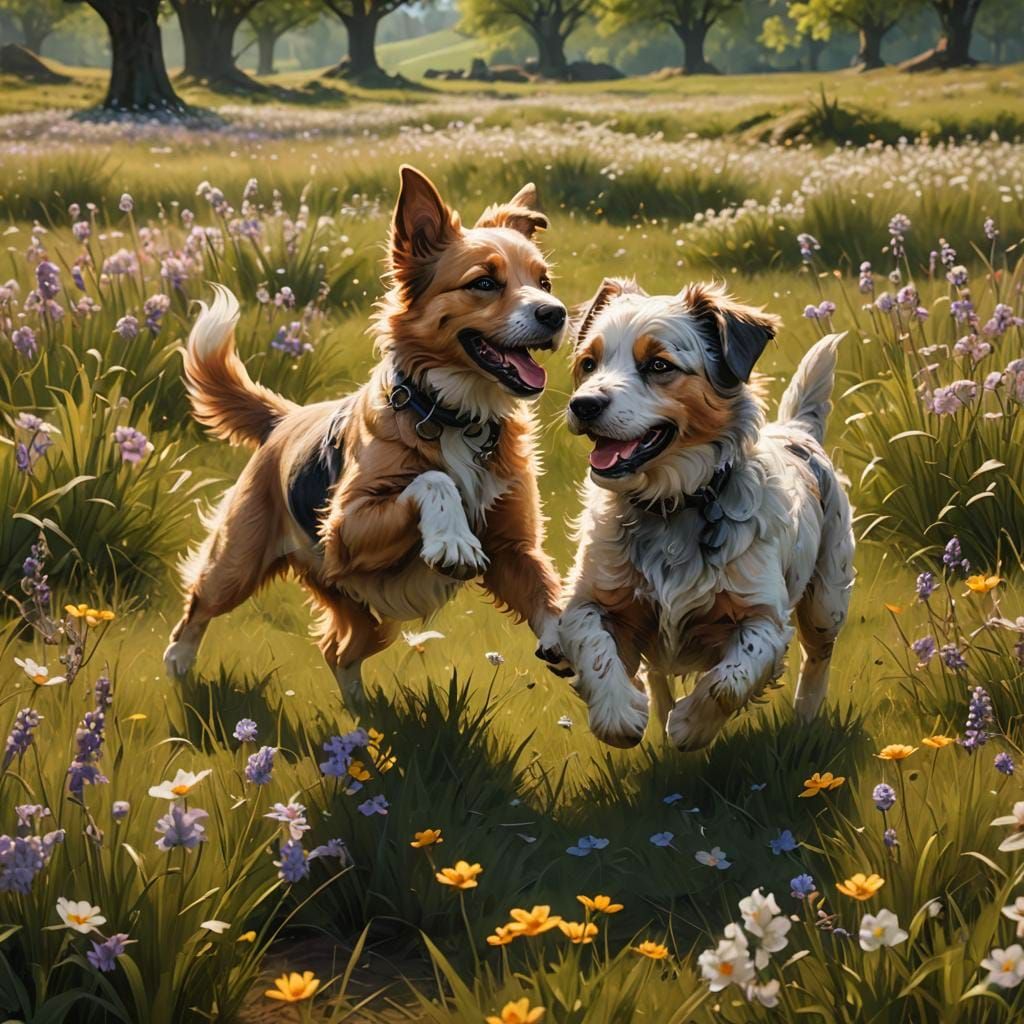 Dogs Playing in Spring Field: Detailed Matte Painting