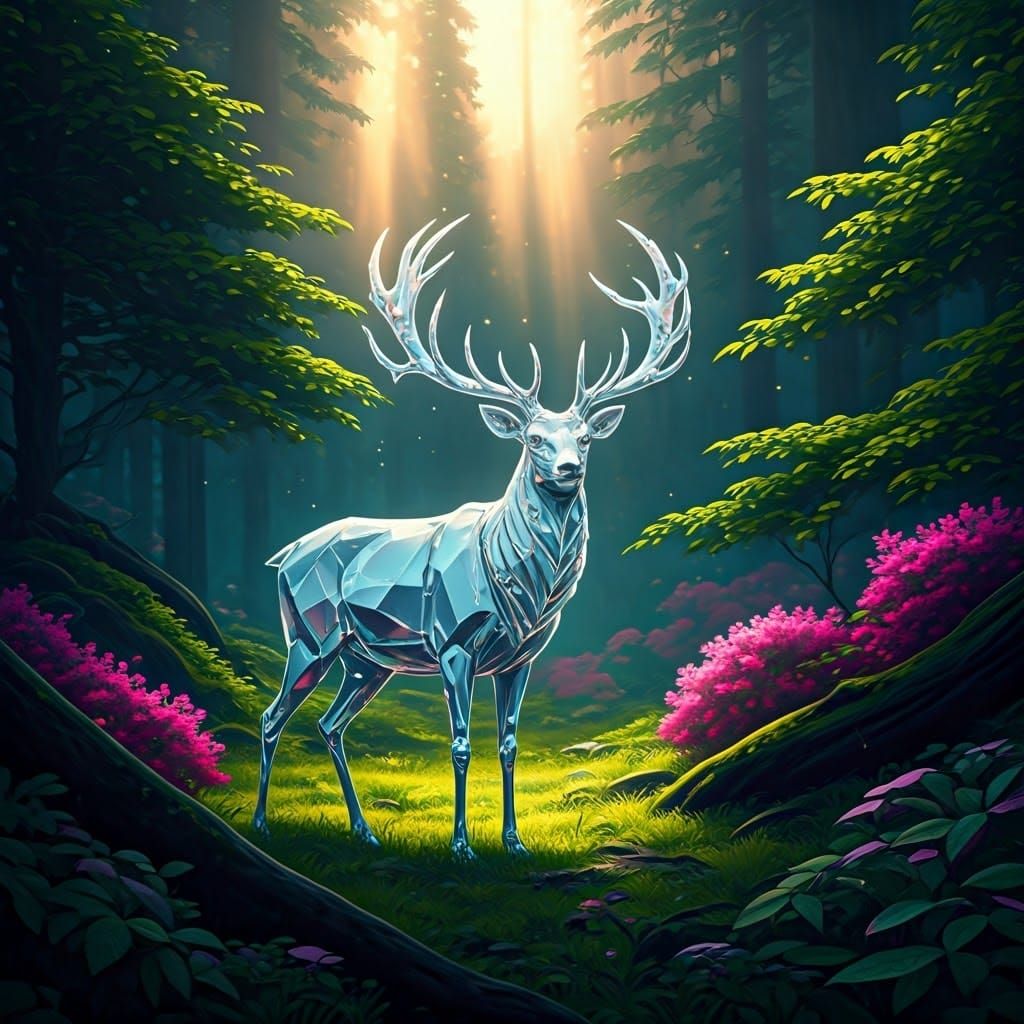 Crystal Deer in Forest, Ethereal Landscape