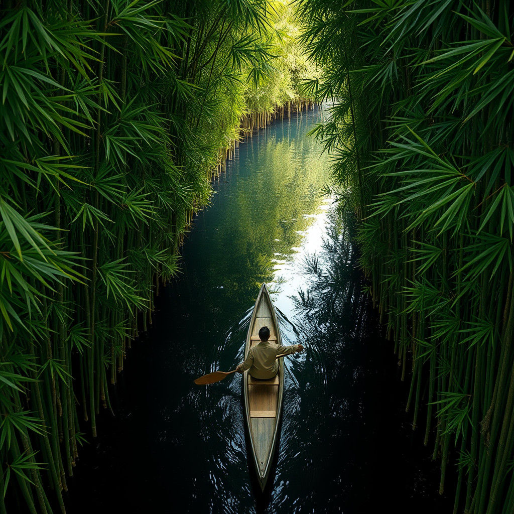 Canoeist Paddling Through Bamboo Waterway
