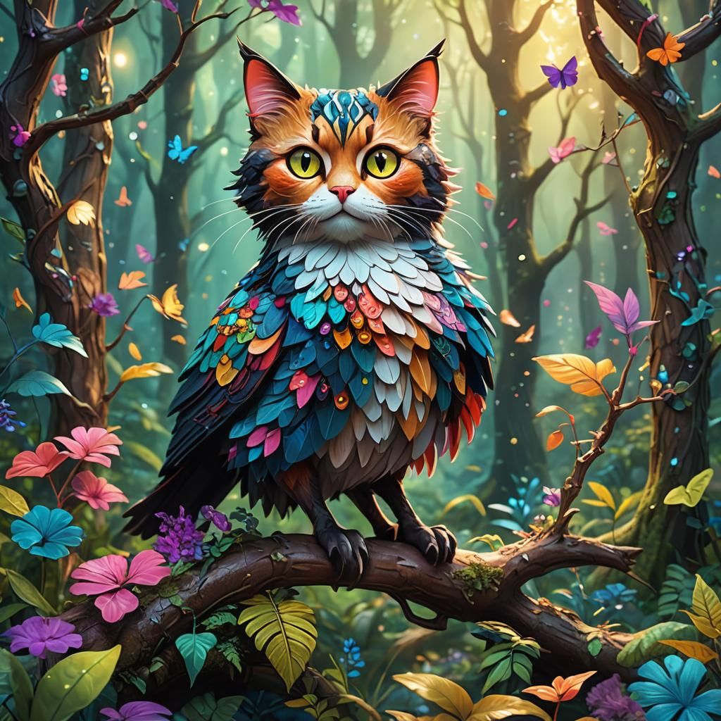 Cat-Bird in Magical Forest: Detailed Matte Painting
