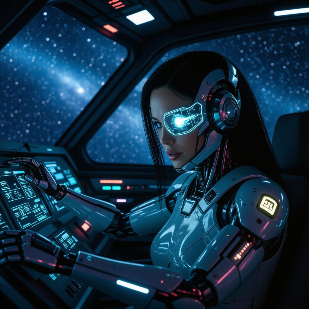 Cyborg Woman Piloting Spaceship in Starry Expanse
