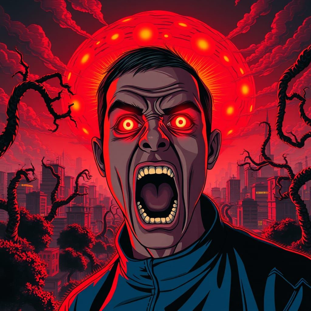 Terrified Man in Anime Cityscape with Glitchcore Aesthetic