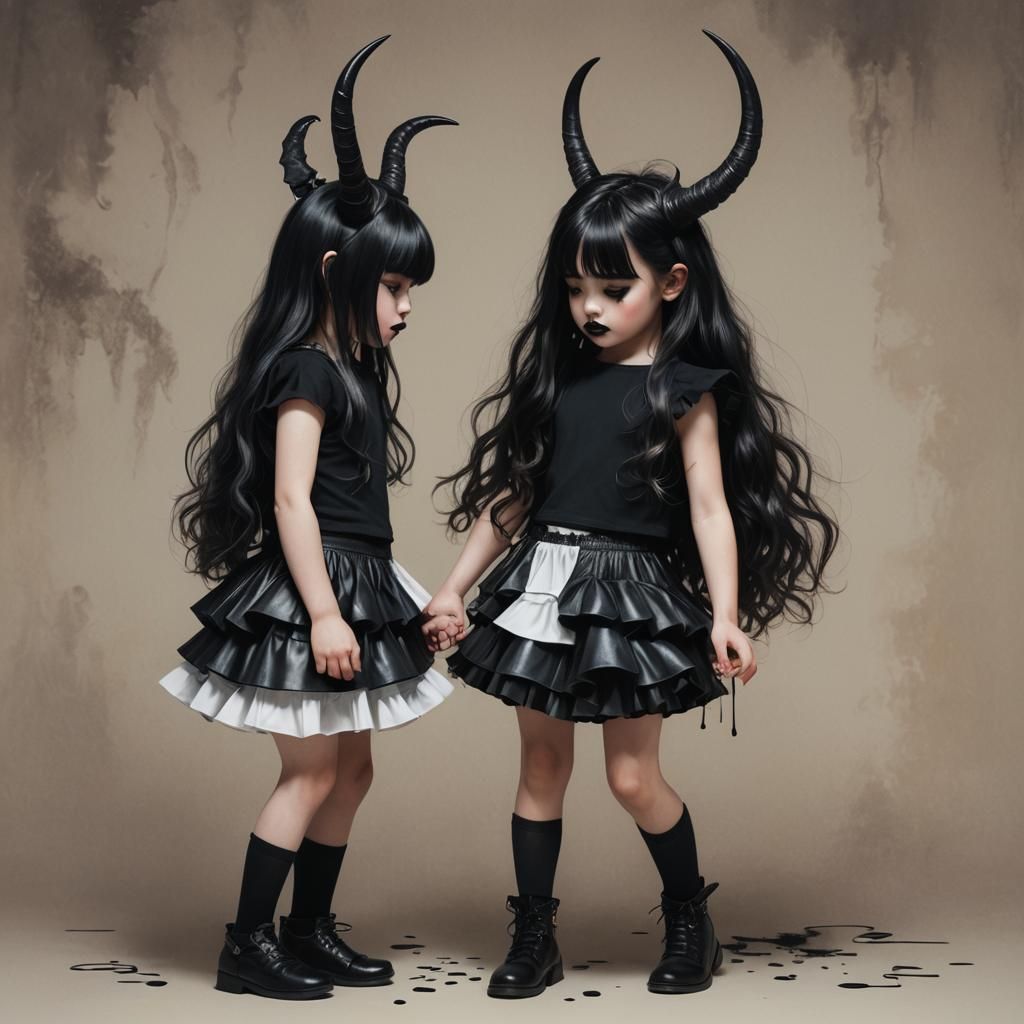 Twin Girls with Horns Kissing: Hyperrealistic Splash Art