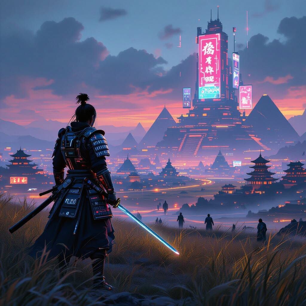 Cyberpunk Samurai on Windswept Battlefield