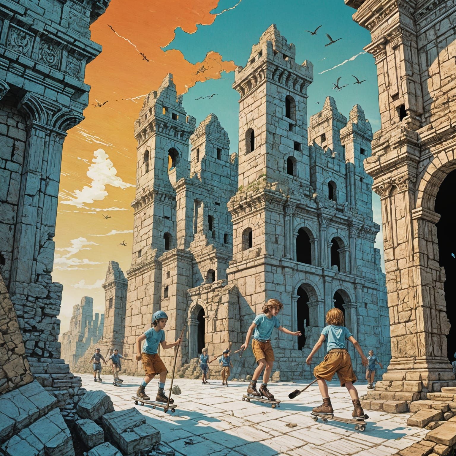 Ancient Ruins Skateboarding Scene in Pop Mythology