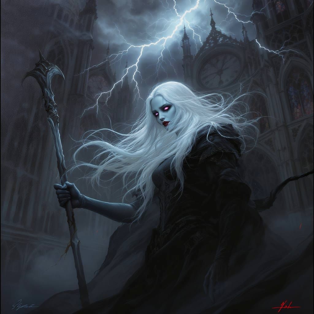 Ghostly Woman in Gothic Cathedral, Dark Fantasy Art