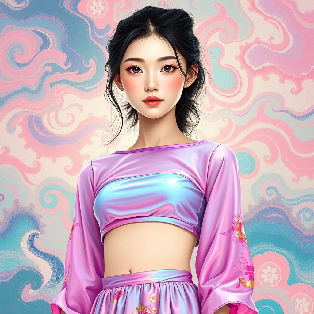 Korean Teen in Silk Outfit with Kaleidoscopic Background