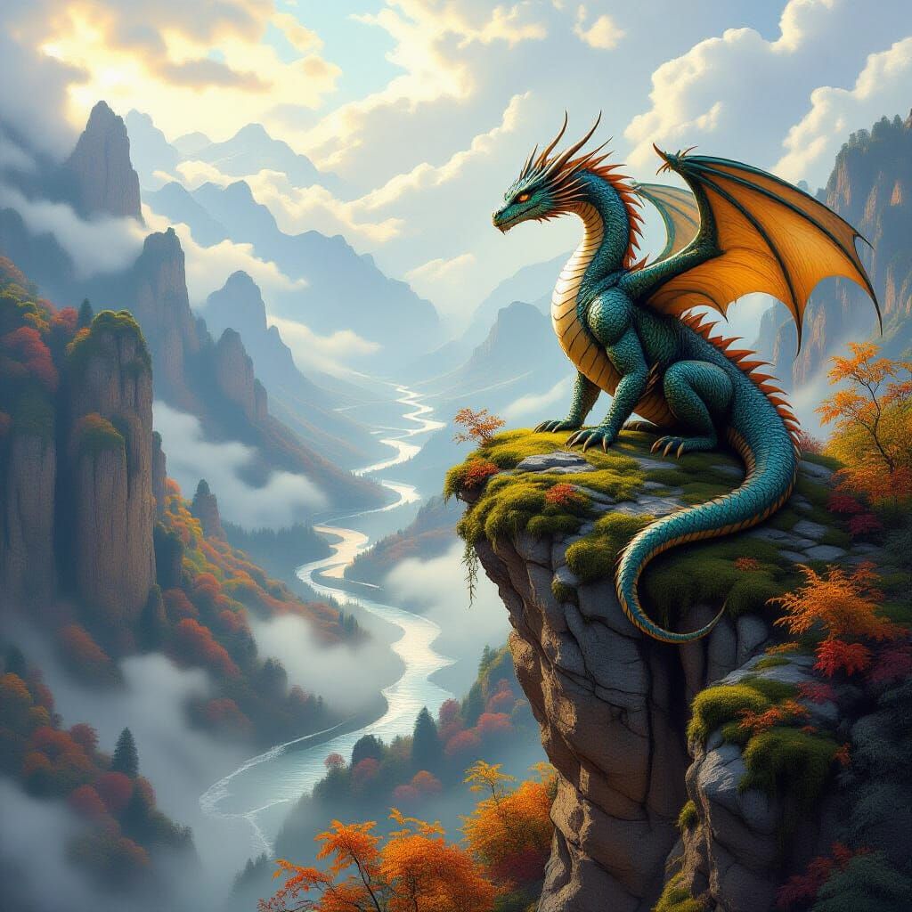 Majestic Autumn Dragon Over Misty Canyon