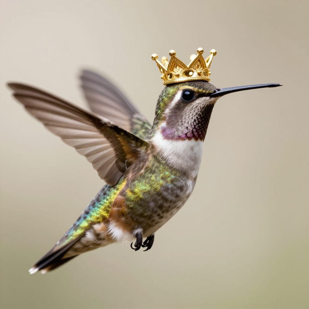 Hummingbird with Golden Crown in Flight - Hyper-Realistic Ma...