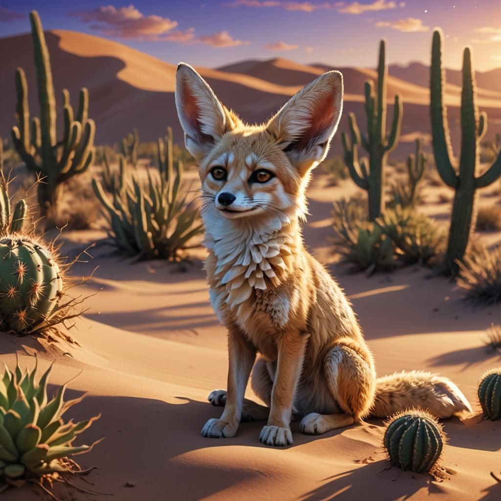 Fennec Fox Cuddling Cactus in Surreal Desert