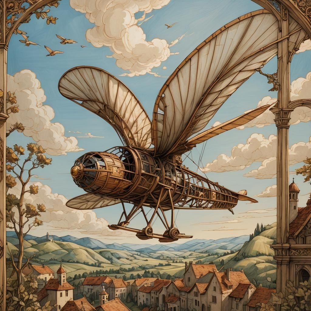 Da Vinci-Inspired Ornithopter Soaring Over Renaissance Lands...
