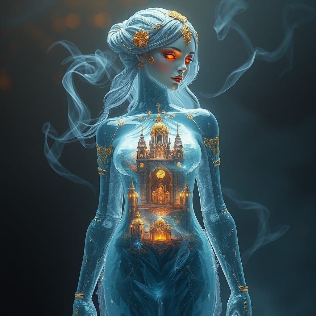 Crystalline Woman Holding Miniature World: Matte Painting