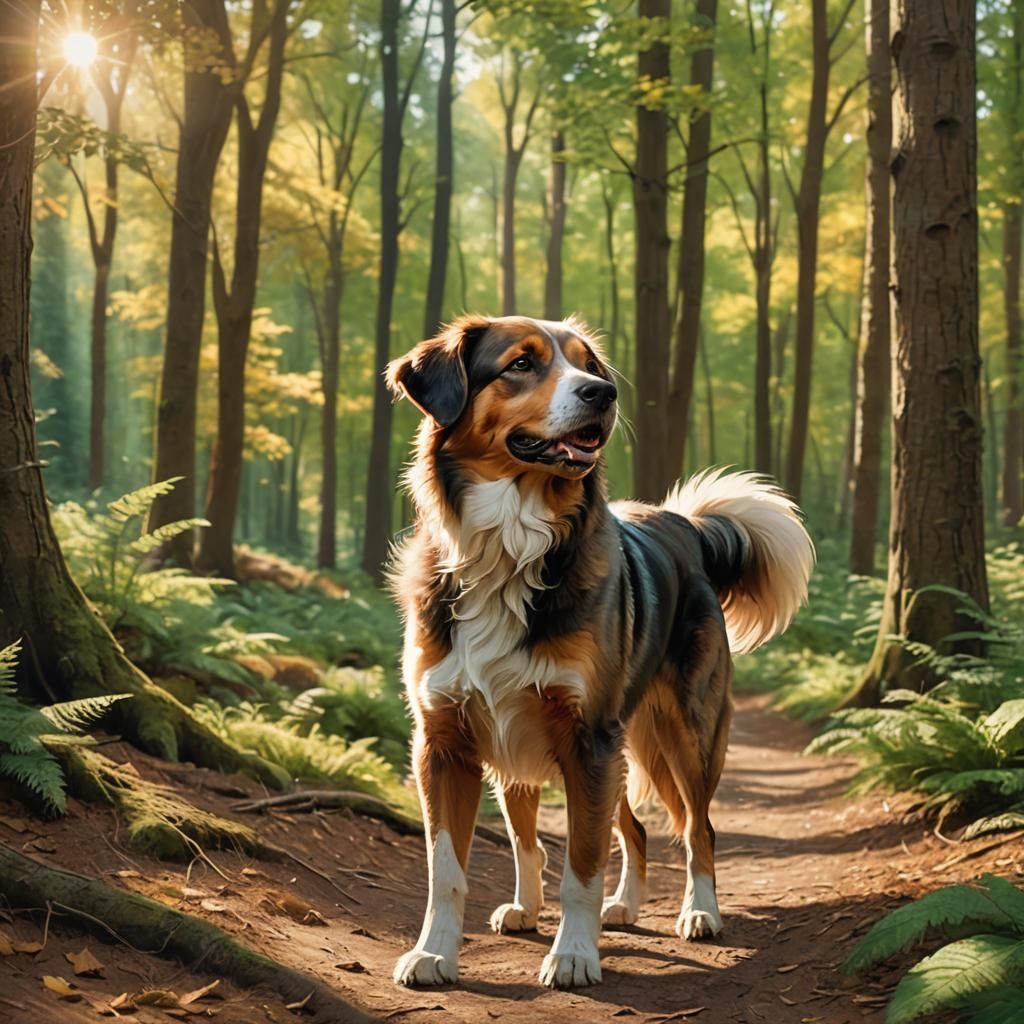 Dog Wagging Tail in Forest, Whimsical Digital Art