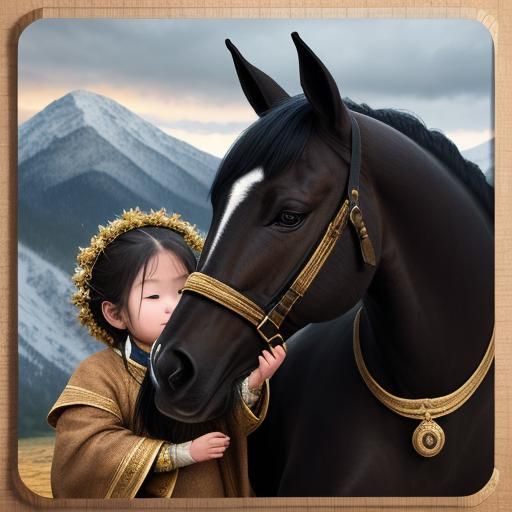 Black Foal and Child Portrait in Oil Painting Style