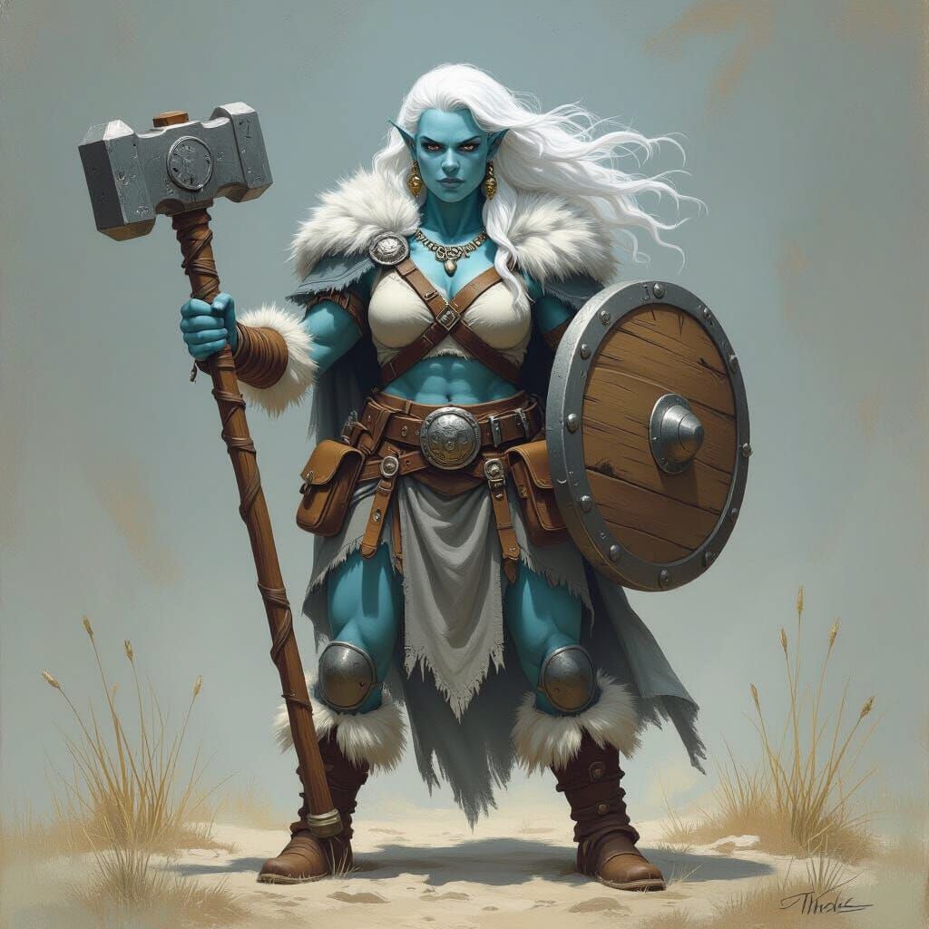 Mighty Goliath Druid with Warhammer in Realistic Oil Paintin...