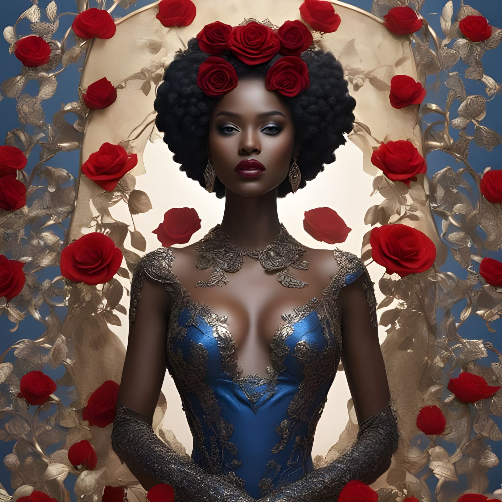 Gothic African Beauty in Rose Petals Portrait