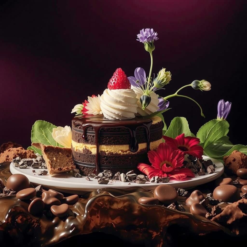 Luxurious Chocolate Dessert with Caramel and Flowers