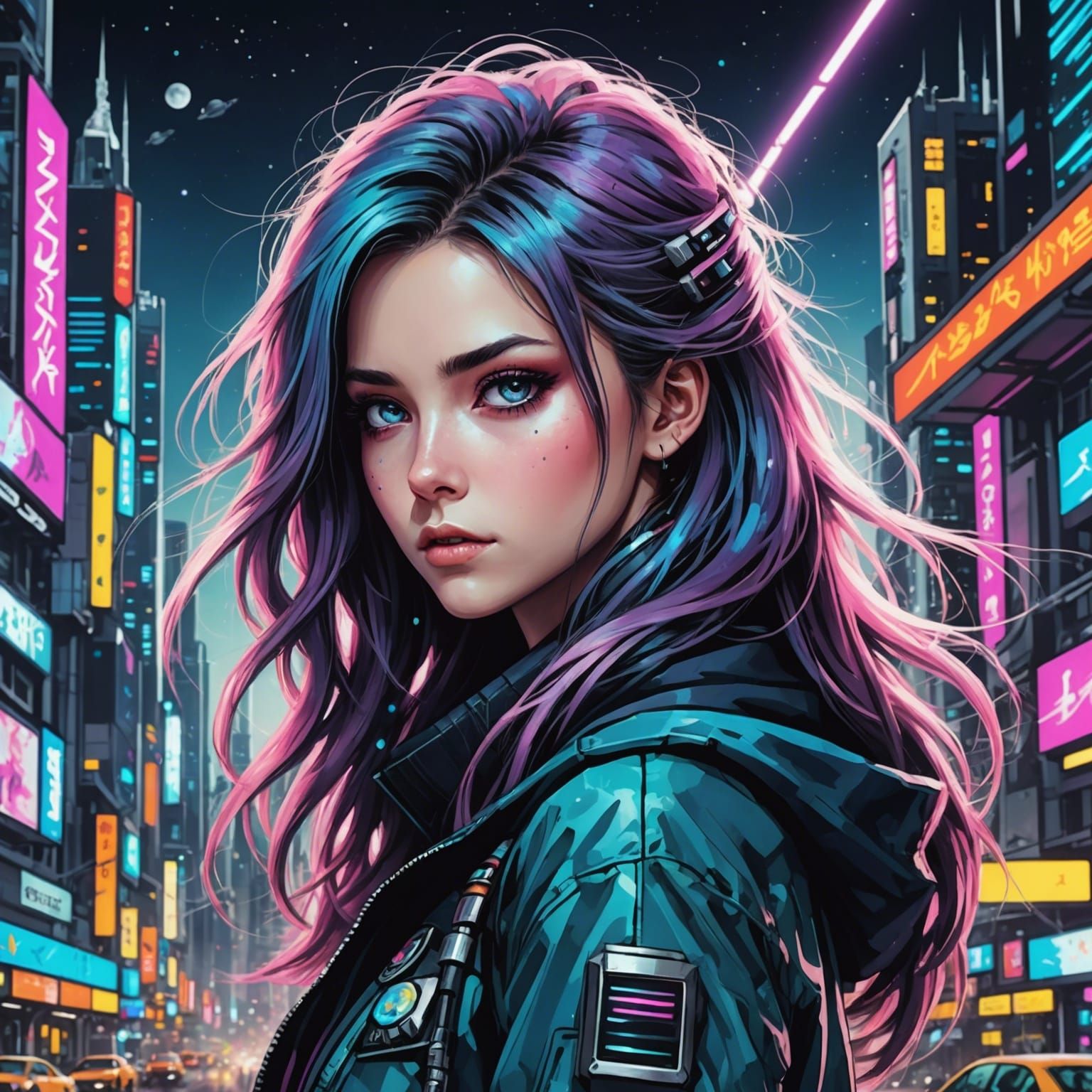 Cyberpunk Goddess in Vibrant Galactic Cityscape