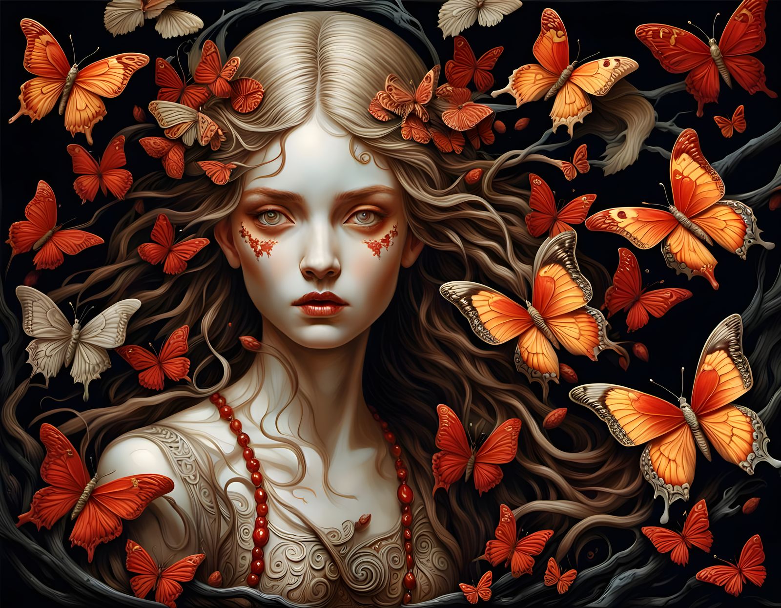 Ethereal Woman in Forest Stream, Ornate Art Style