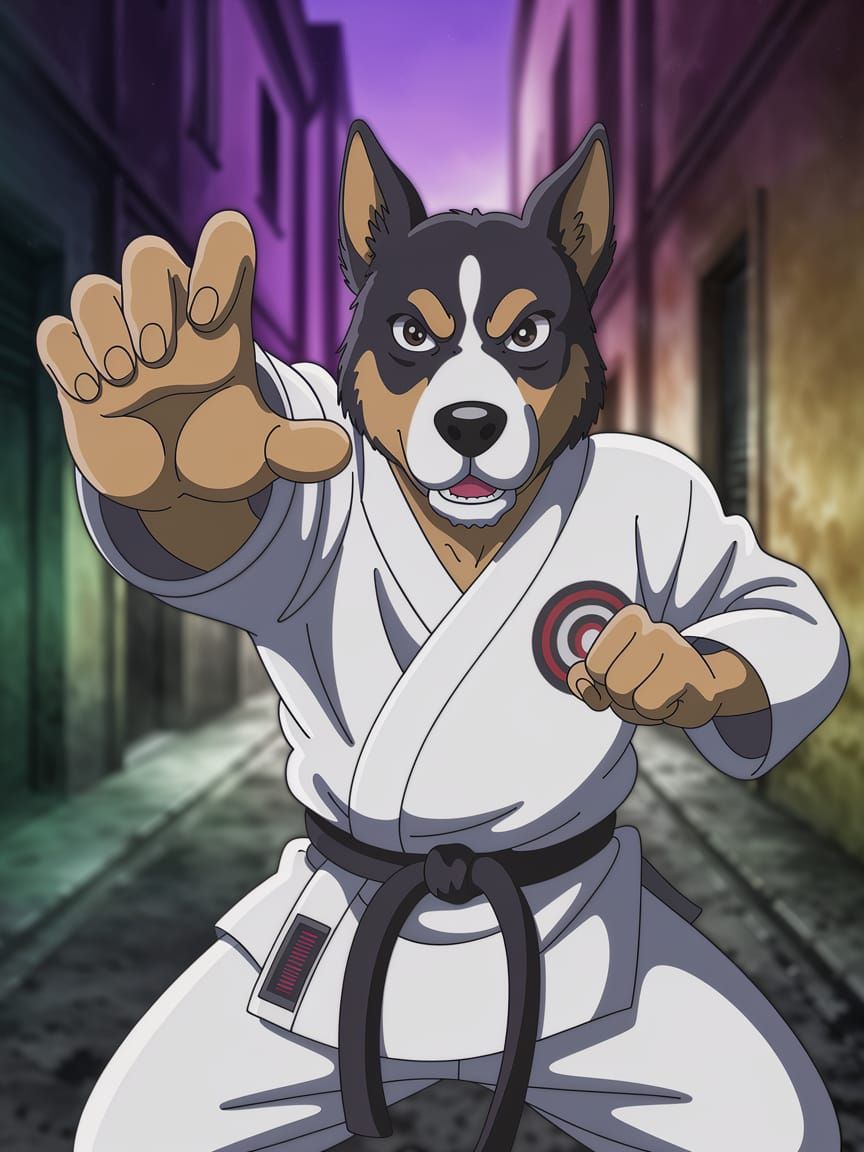 Cartoon Dog Karate Chop, Anime Cel-Shaded Style