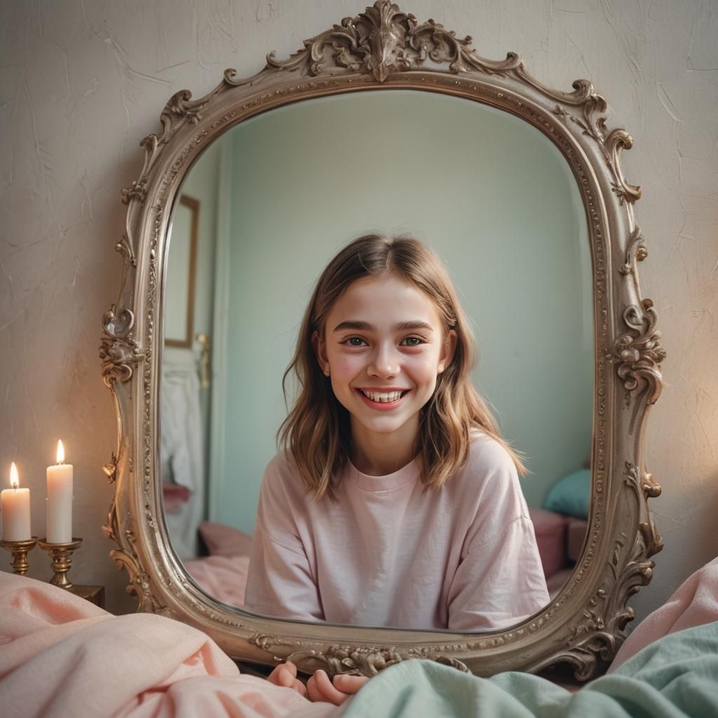 Pastel Girl's Sharp Reflection: Hyper-Realistic Digital Art