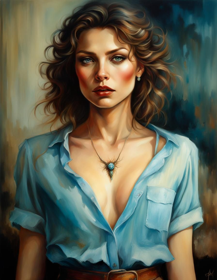 Expressive Woman in Blue: 1980s Oil Painting