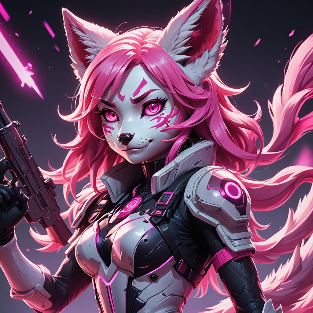 Anthro Fox Woman with Gun in Anime Style