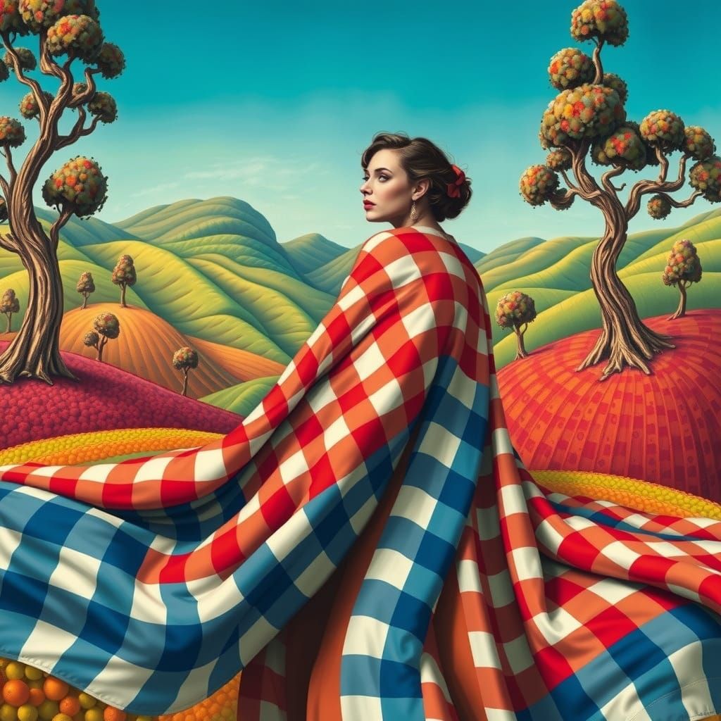Surreal Gingham Goddess in Dreamlike Landscape