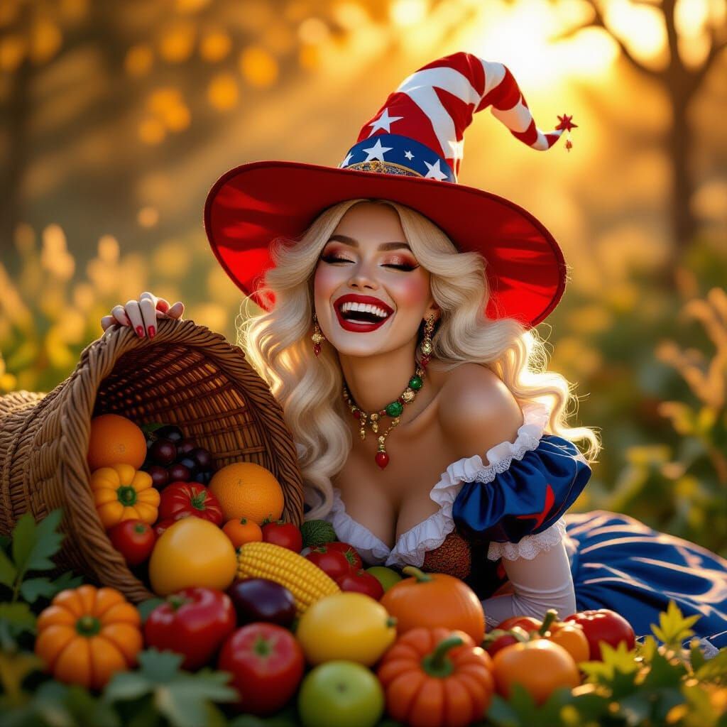 Surreal Autumn Harvest Painting of Laughing Woman