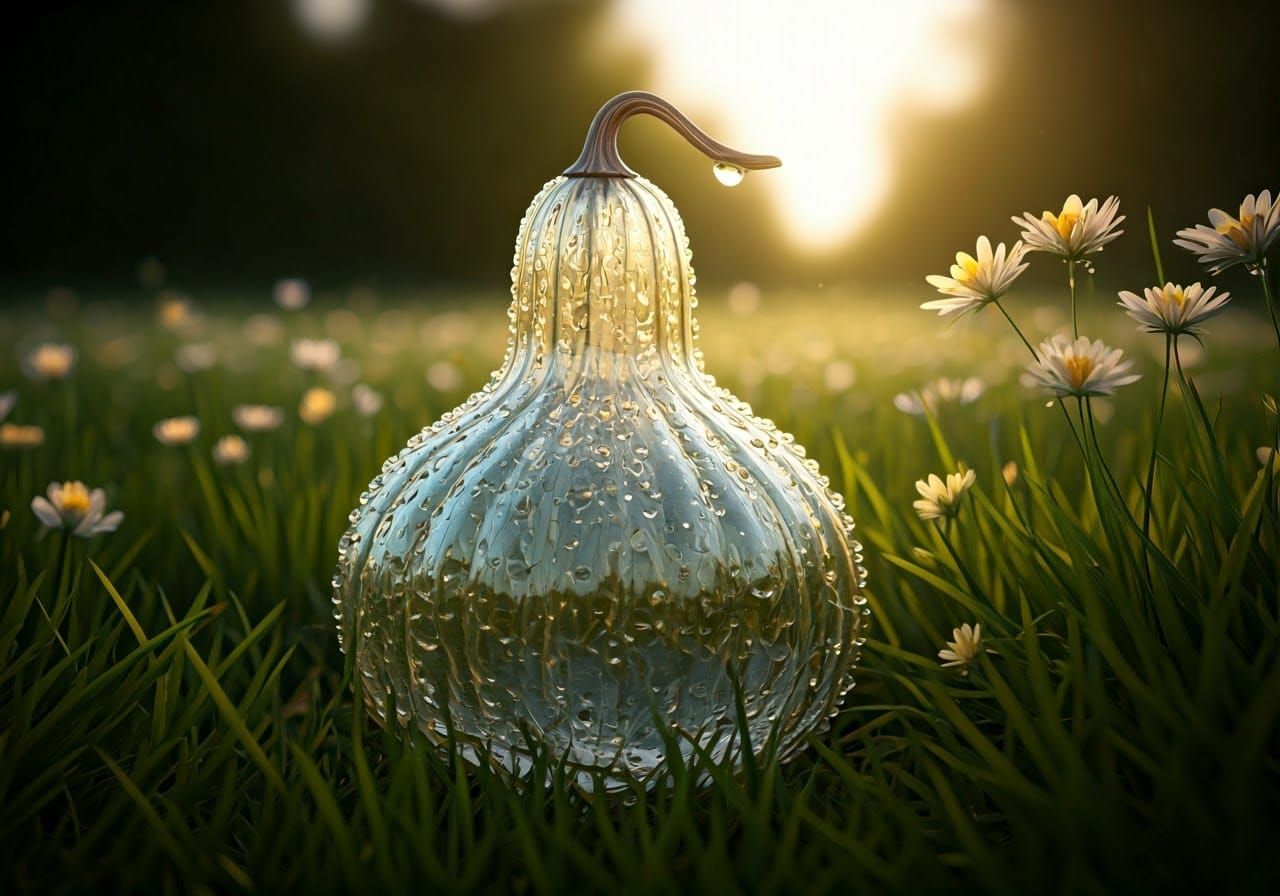Raindrop Gourd in Meadow: Hyperrealistic Digital Art