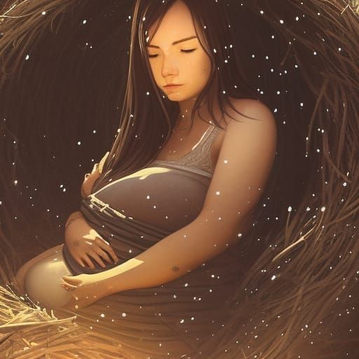 Pregnant Woman in Nest, Cyberpunk Style Illustration