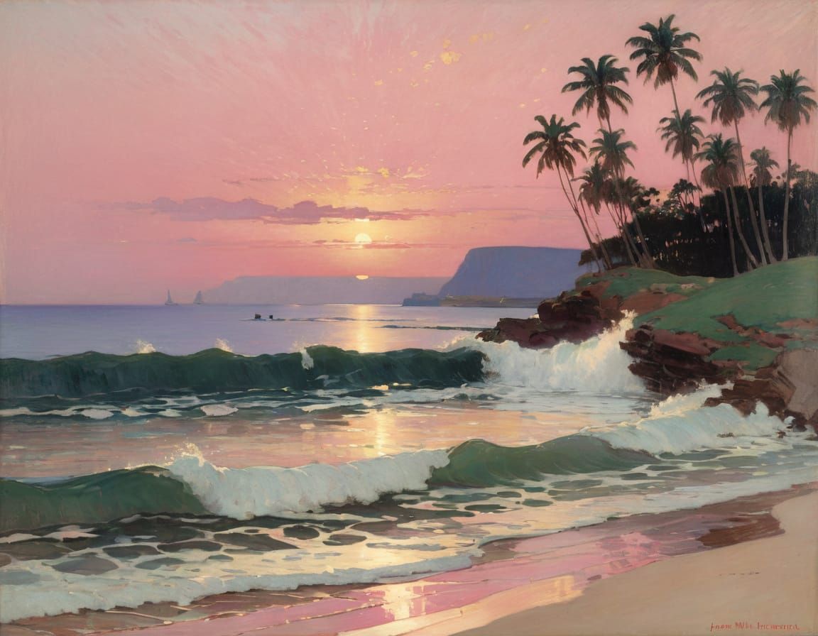 Vibrant Pink Sunset Over Serene Paradise Landscape