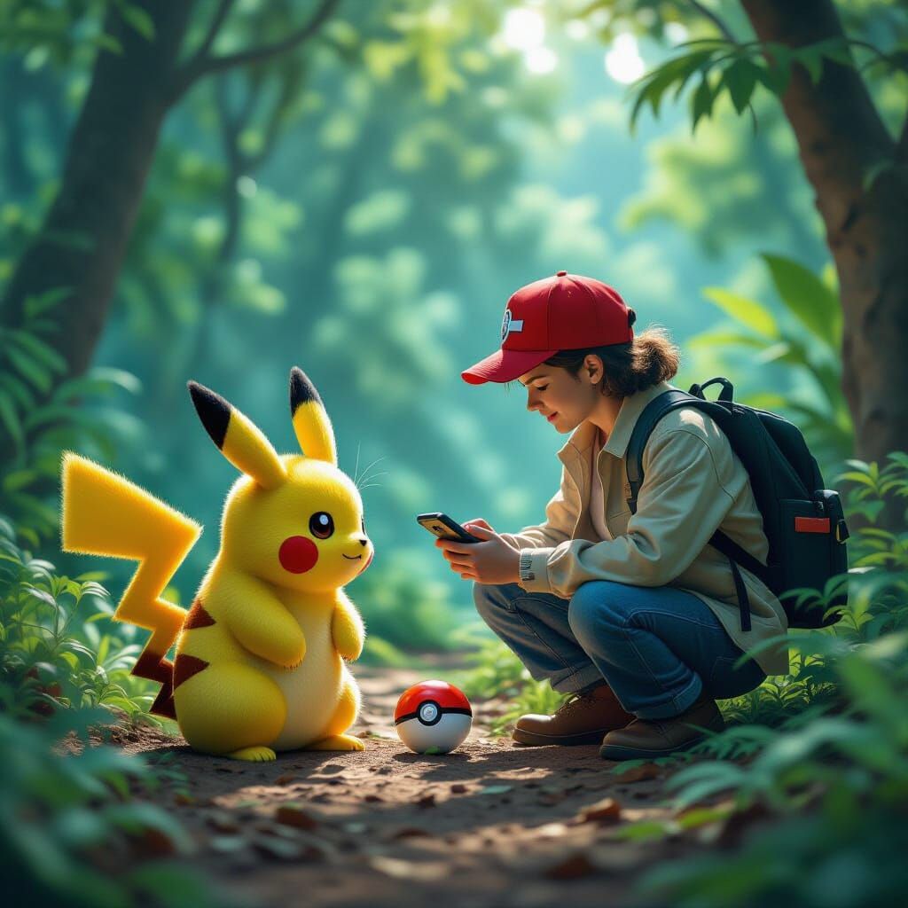 Pikachu and Eevee Play with Trainer in Hyperrealism
