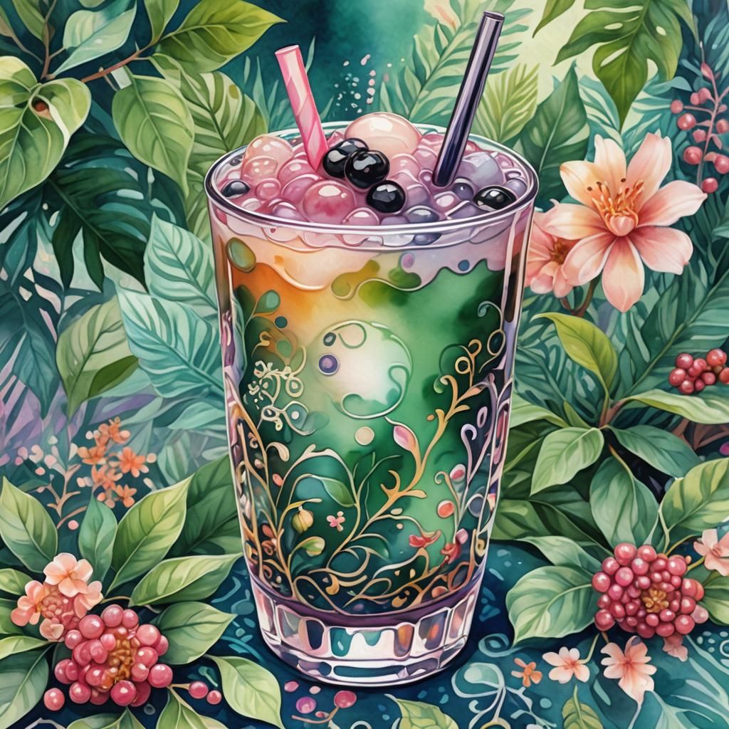 Ornate Boba Tea in Whimsical Watercolour Style