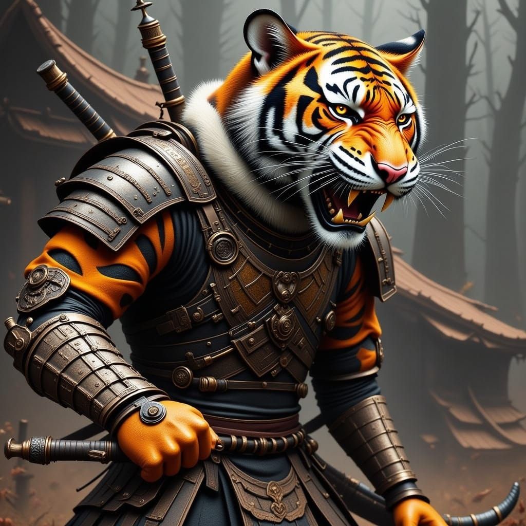 Samurai Tiger Roaring Battle Cry in Steampunk Style