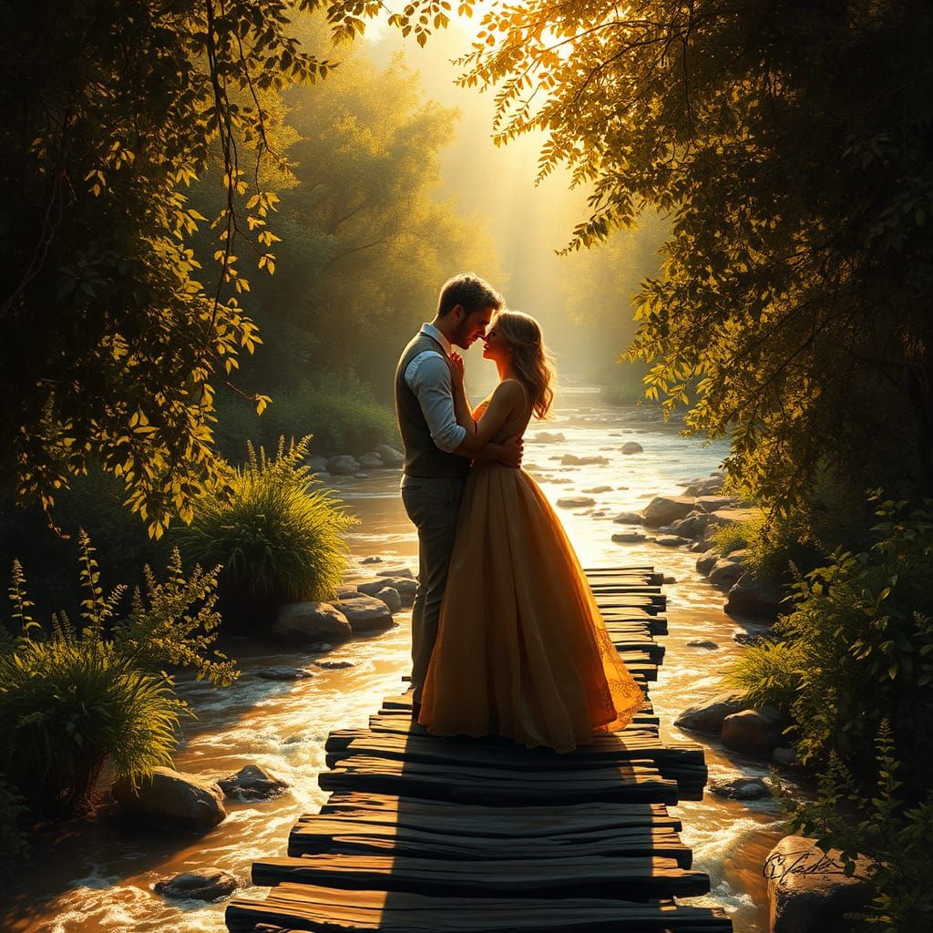 Romantic Couple Embracing on Rustic Wooden Bridge