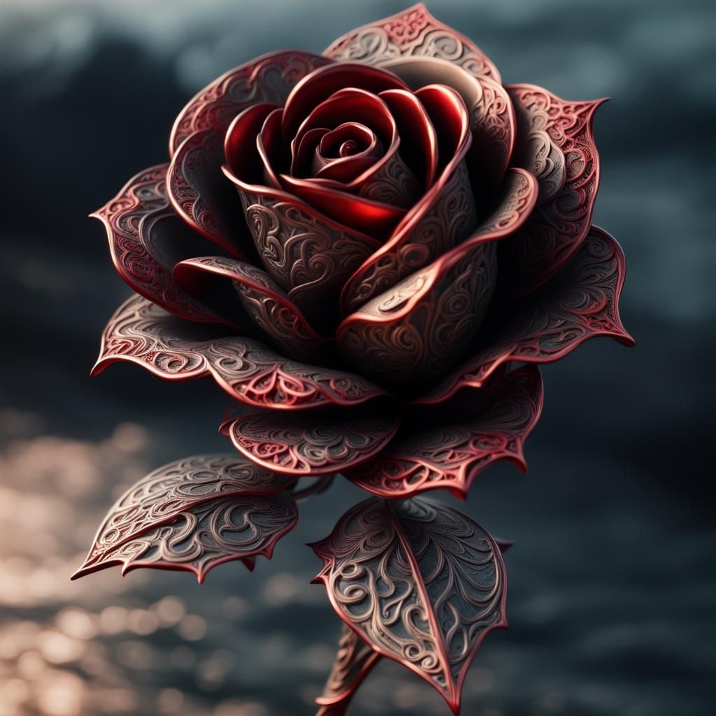 Detailed Metal Rose with Red Lace Filigree