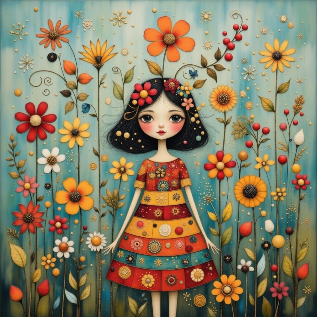 Whimsical Folk Art Wildflowers in a Dreamy Shadow