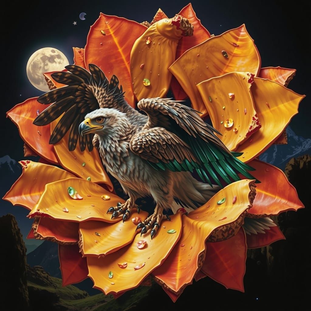 Majestic Griffin on Ruined Pinnacles with Bioluminescent Flo...