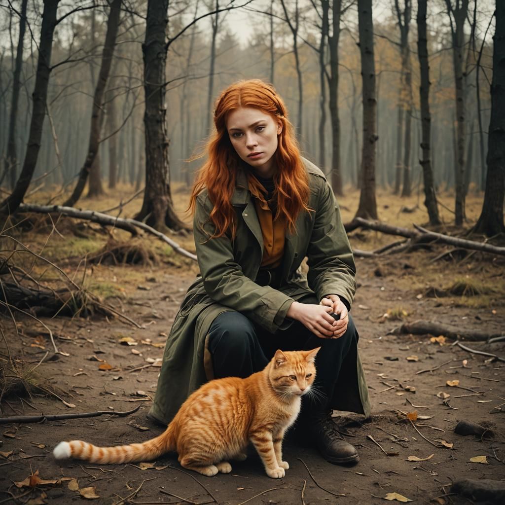 Cinematic Russian Girl with Ginger Cat