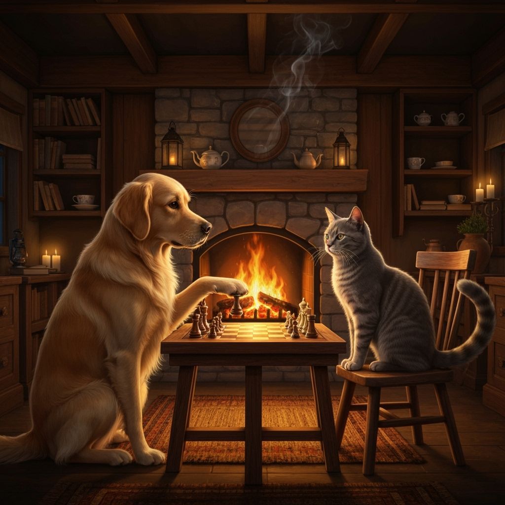 Dog and Cat Play Chess in Cozy Cottage