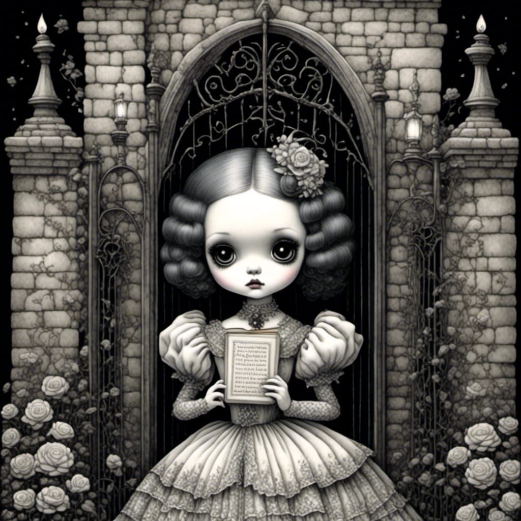 Gothic Doll with Book in Sinister Setting