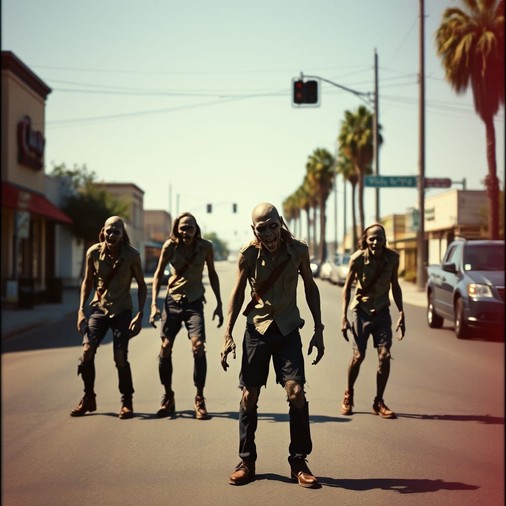 Zombie Horror in Fresno: Cinematic Film Still