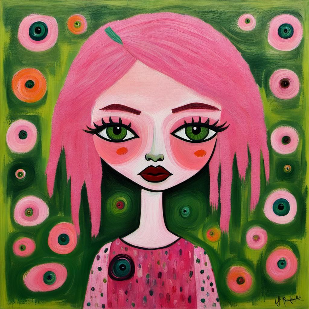 Art Brut Painting of Pink-Haired Girl