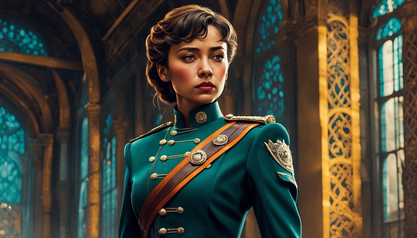 Dystopian Female Cop in Vibrant Office Scene, Inspired by An...