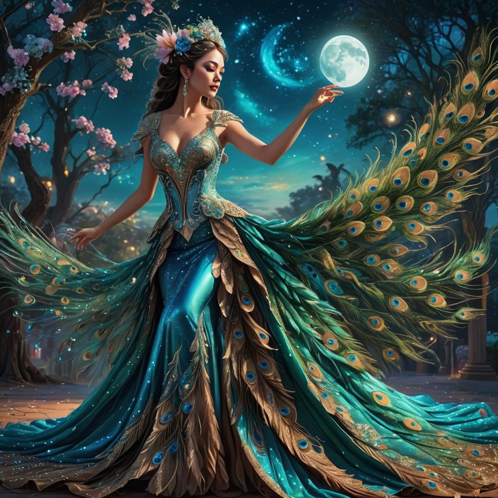 Peacock Feather Dress in Fantasy Realism Style